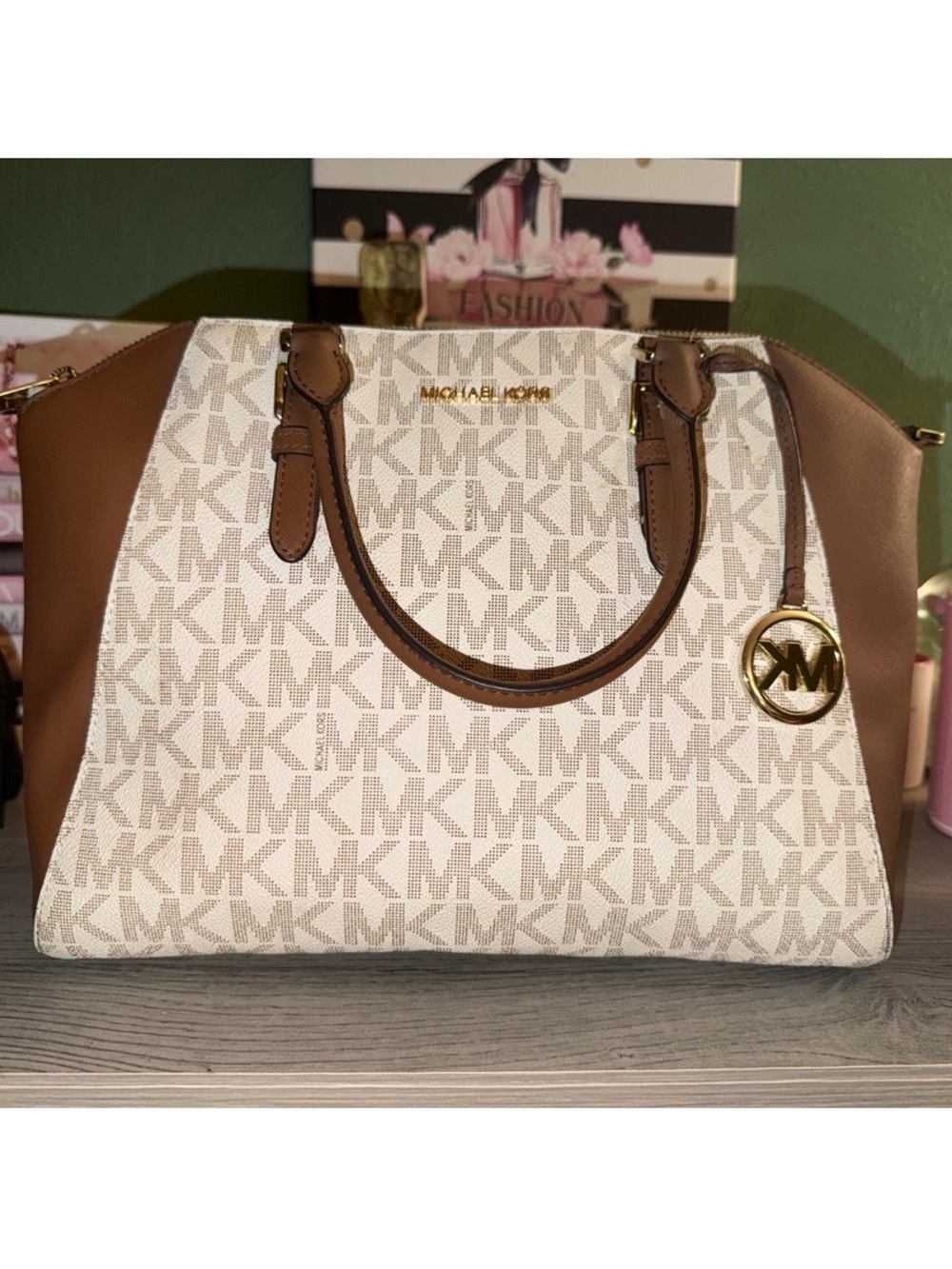 Michael Kors Cream Signature MK and Brown Leather Satchel